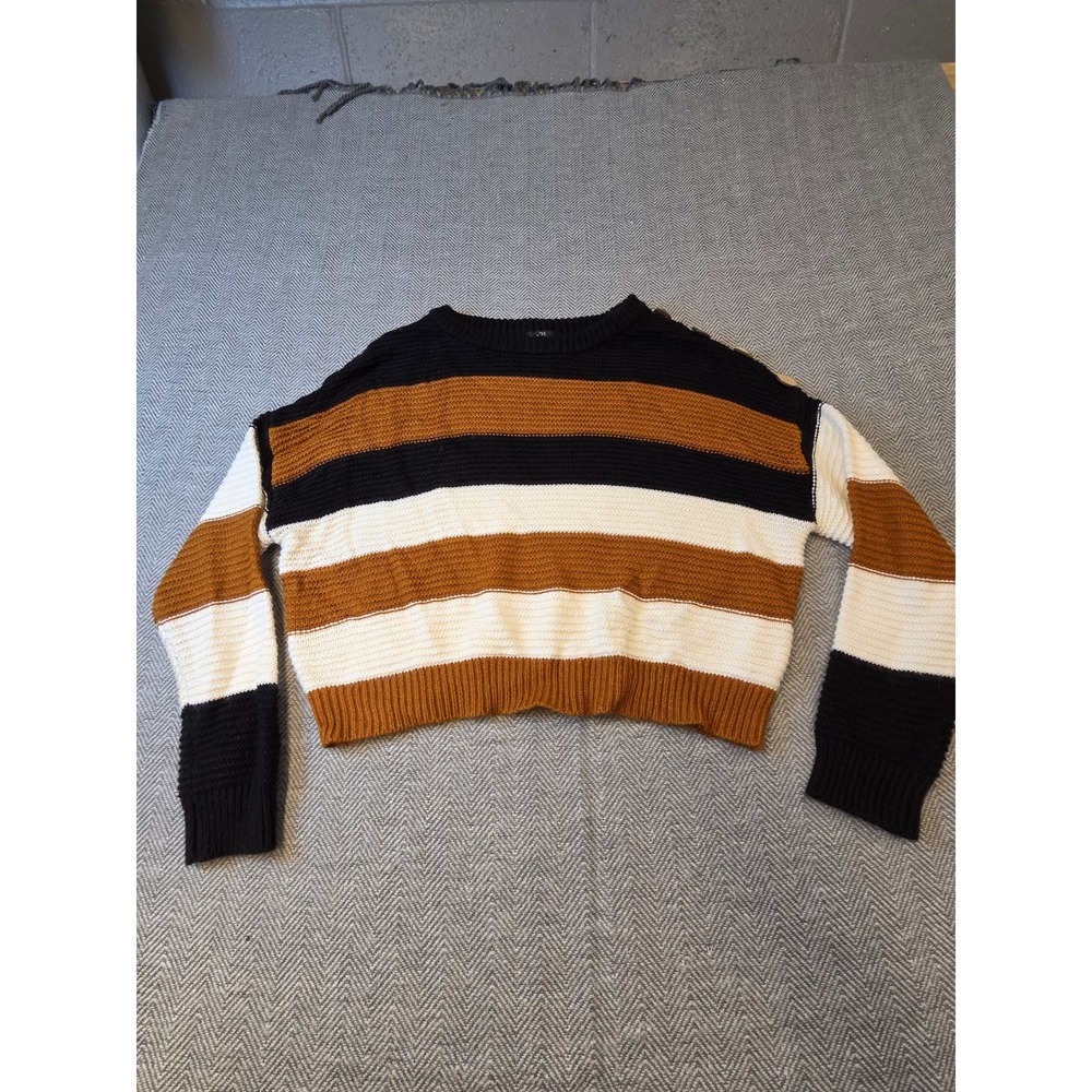 Forever 21 Cropped Sweater Women Small Black Orange Striped Knit Button Shoulder